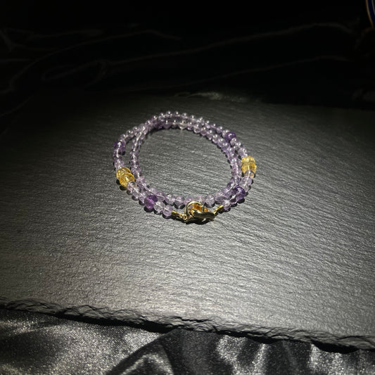 Amethyst & Citrine Barrel Bead Necklace – Purple & Gold, Faceted Shine, 18K Gold-Plated Clasp