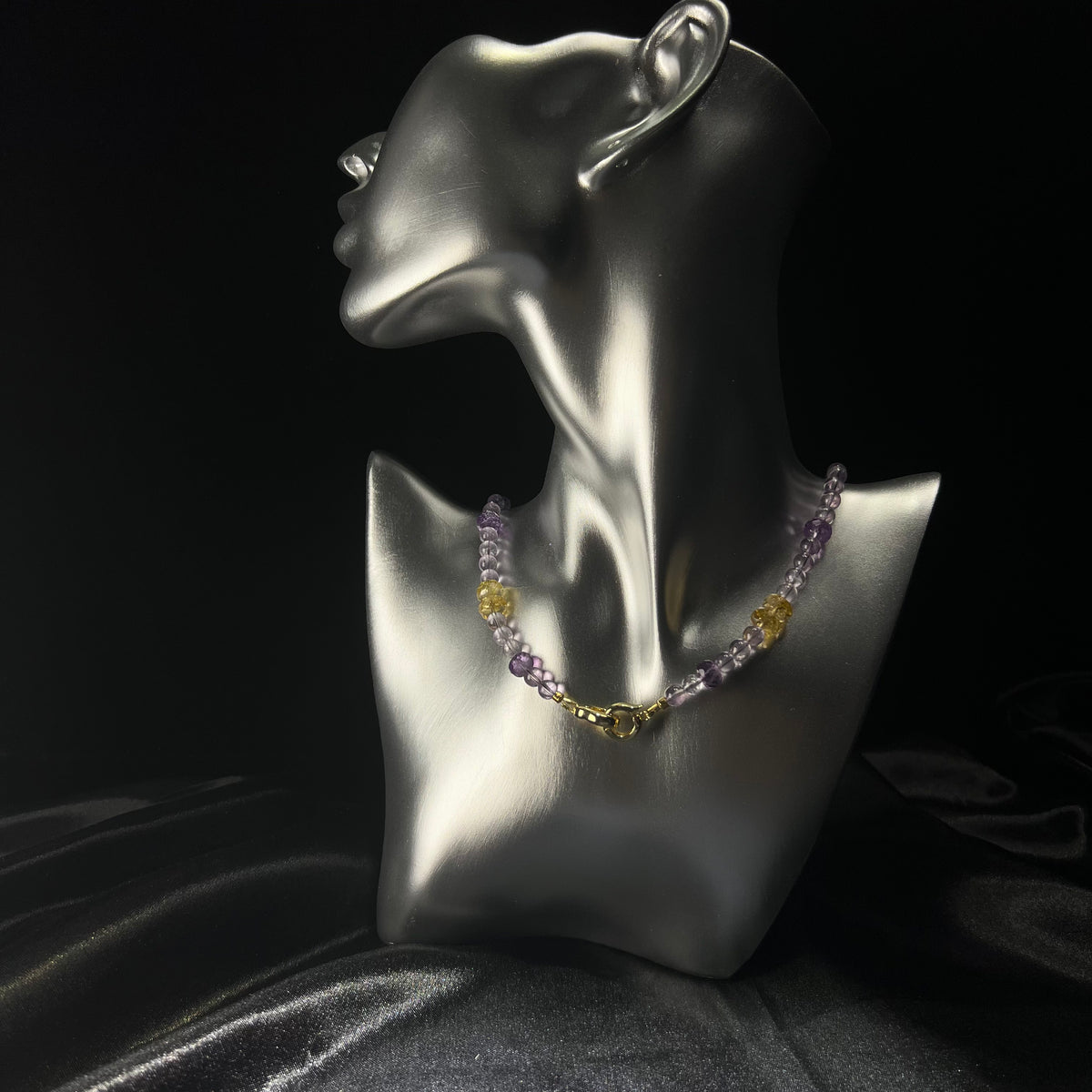 Amethyst & Citrine Barrel Bead Necklace – Purple & Gold, Faceted Shine, 18K Gold-Plated Clasp
