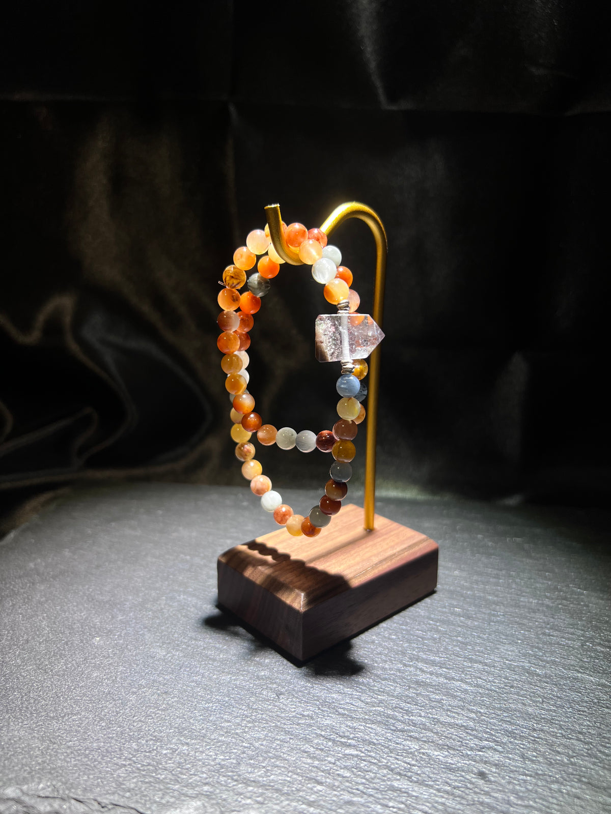 2-Ring Rabbit Hair & Phantom Bracelet – close-up detail of natural crystal