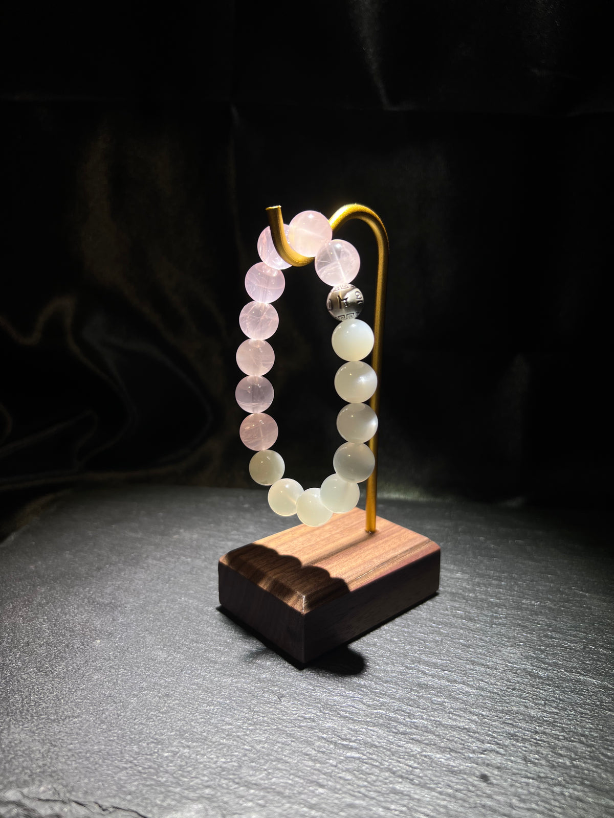 Moonstone & Rose Quartz Bracelet – close-up detail of natural crystal