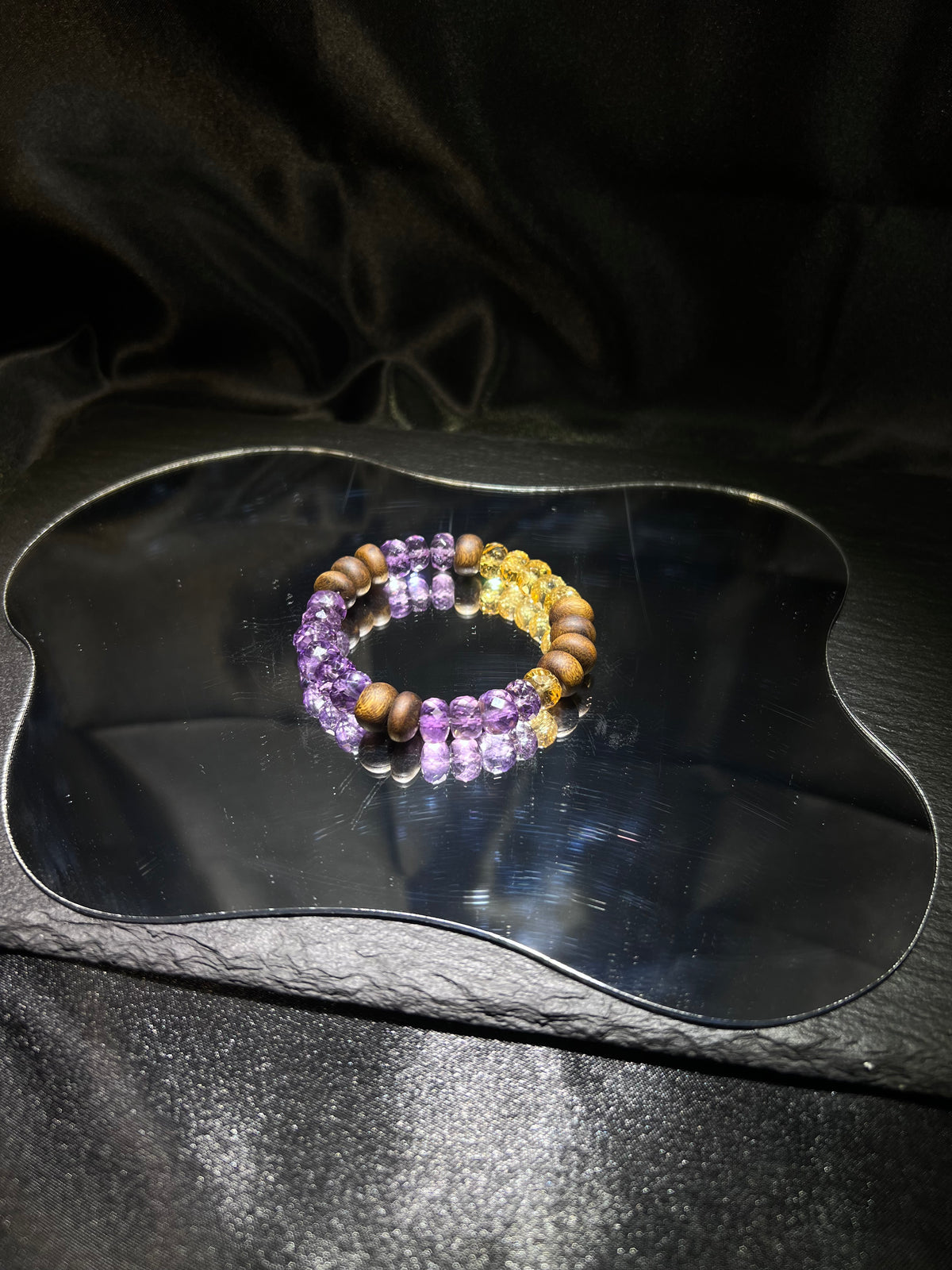 Purple & Yellow Faceted Crystal Bracelet – worn and styled