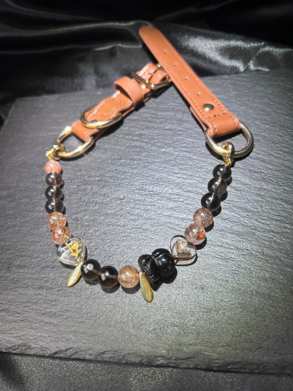 Black Gold Crystal Dog Collar – close-up detail of natural crystal