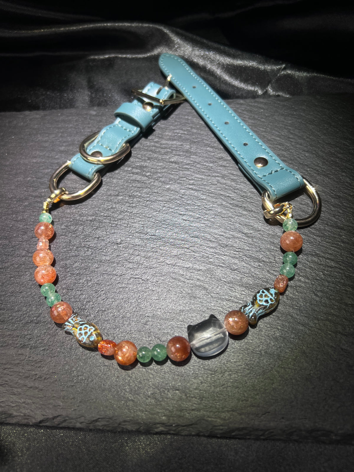 Green Strawberry Quartz & Amber Cat Collar – close-up detail of natural crystal