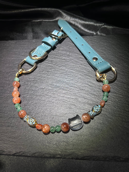 Green Strawberry Quartz & Amber Cat Collar – close-up detail of natural crystal