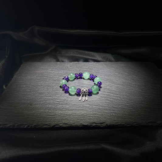 Green Strawberry Quartz & Amethyst Bracelet – Silver Tassel – natural crystal jewelry by Joyseven