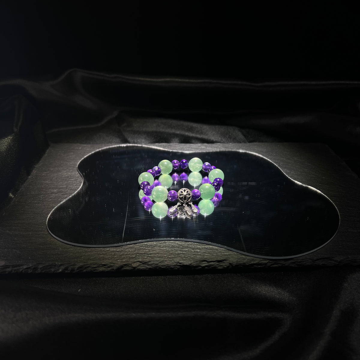 Green Strawberry Quartz & Amethyst Bracelet – Silver Tassel – worn and styled