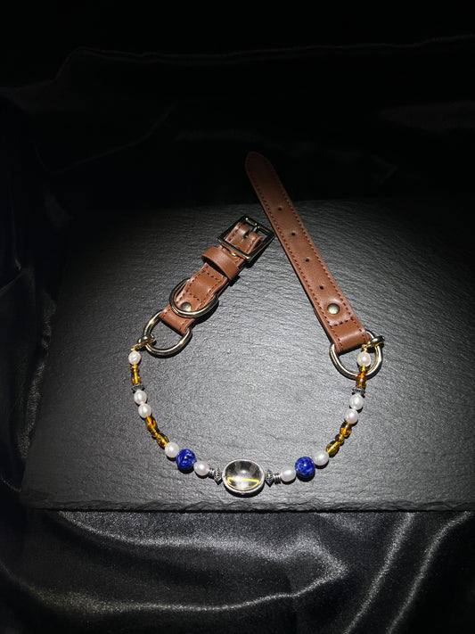 Pearl & Lapis Lazuli Pet Collar – close-up detail of natural crystal