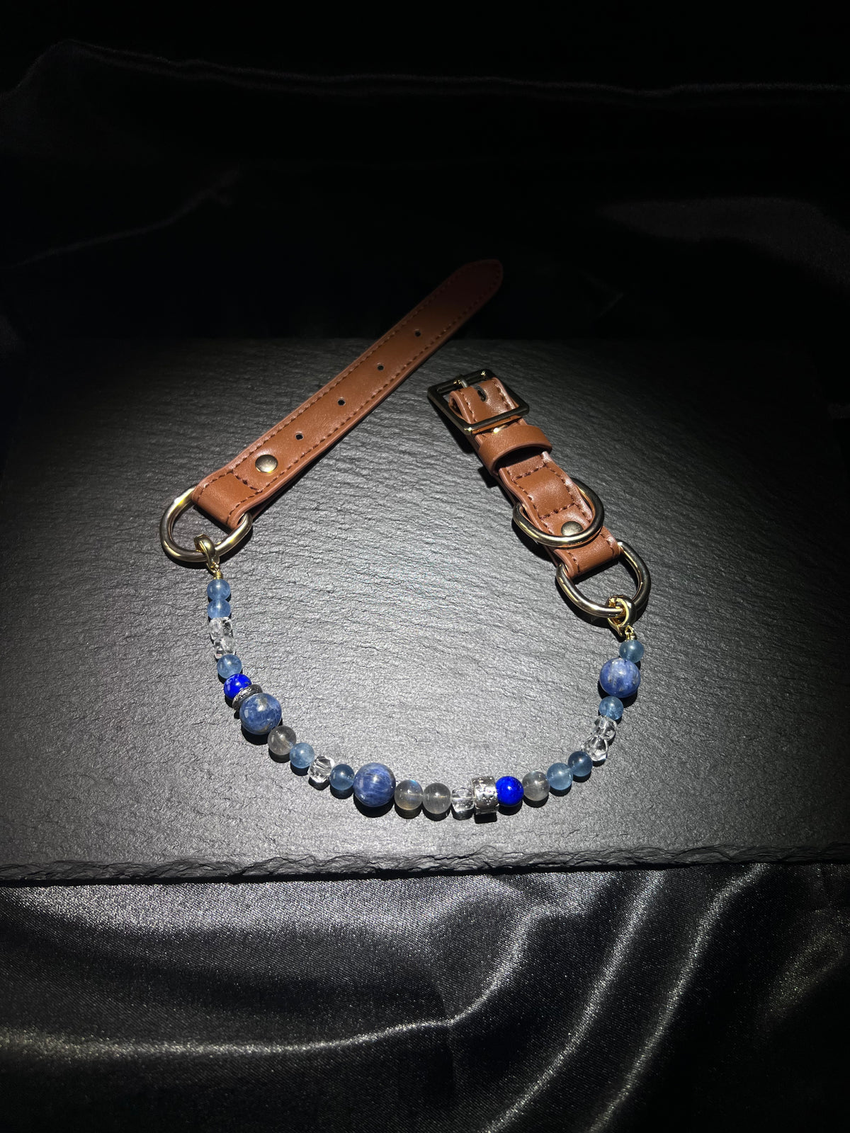 Kyanite & Lapis Lazuli Pet Collar – close-up detail of natural crystal