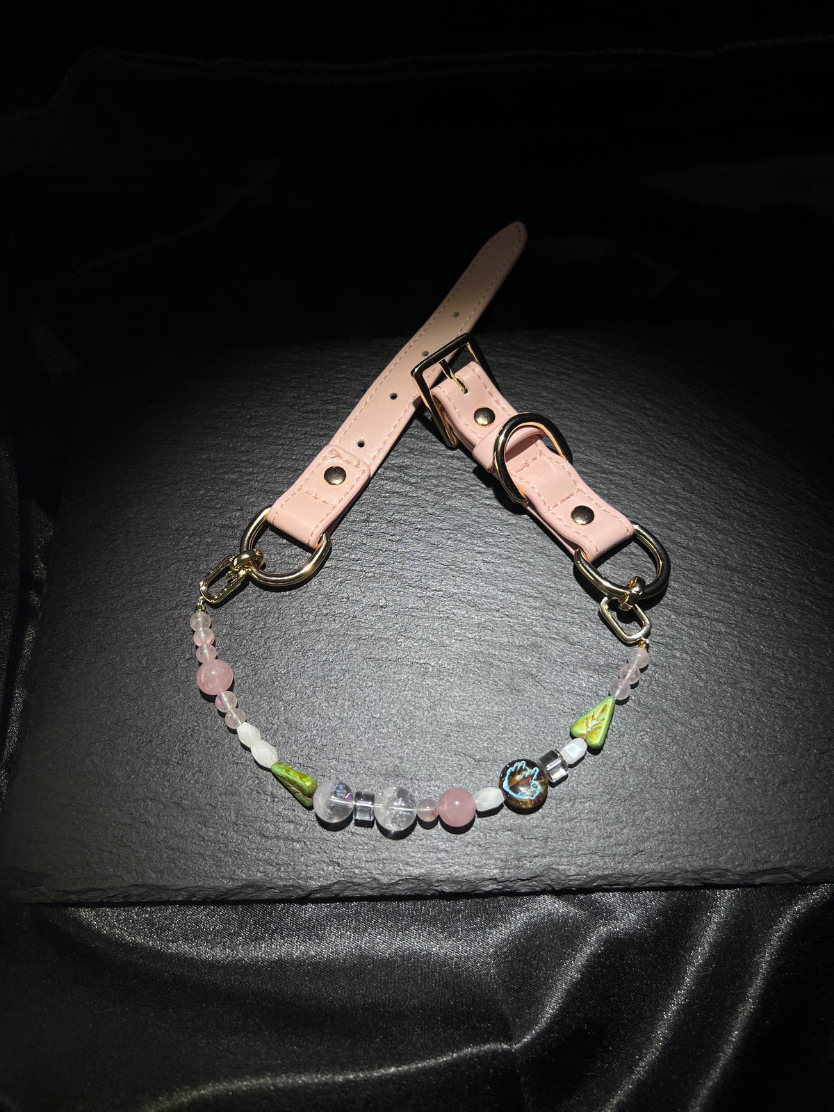 Phantom & Rose Quartz Pet Collar – close-up detail of natural crystal