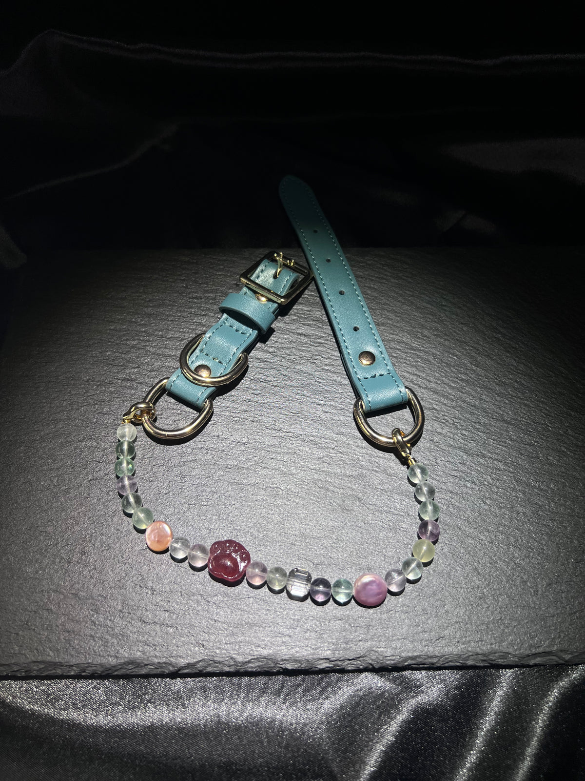 Fluorite & Strawberry Quartz Cat Collar – close-up detail of natural crystal