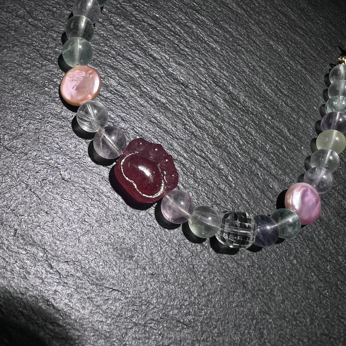 Fluorite & Strawberry Quartz Cat Collar – worn and styled