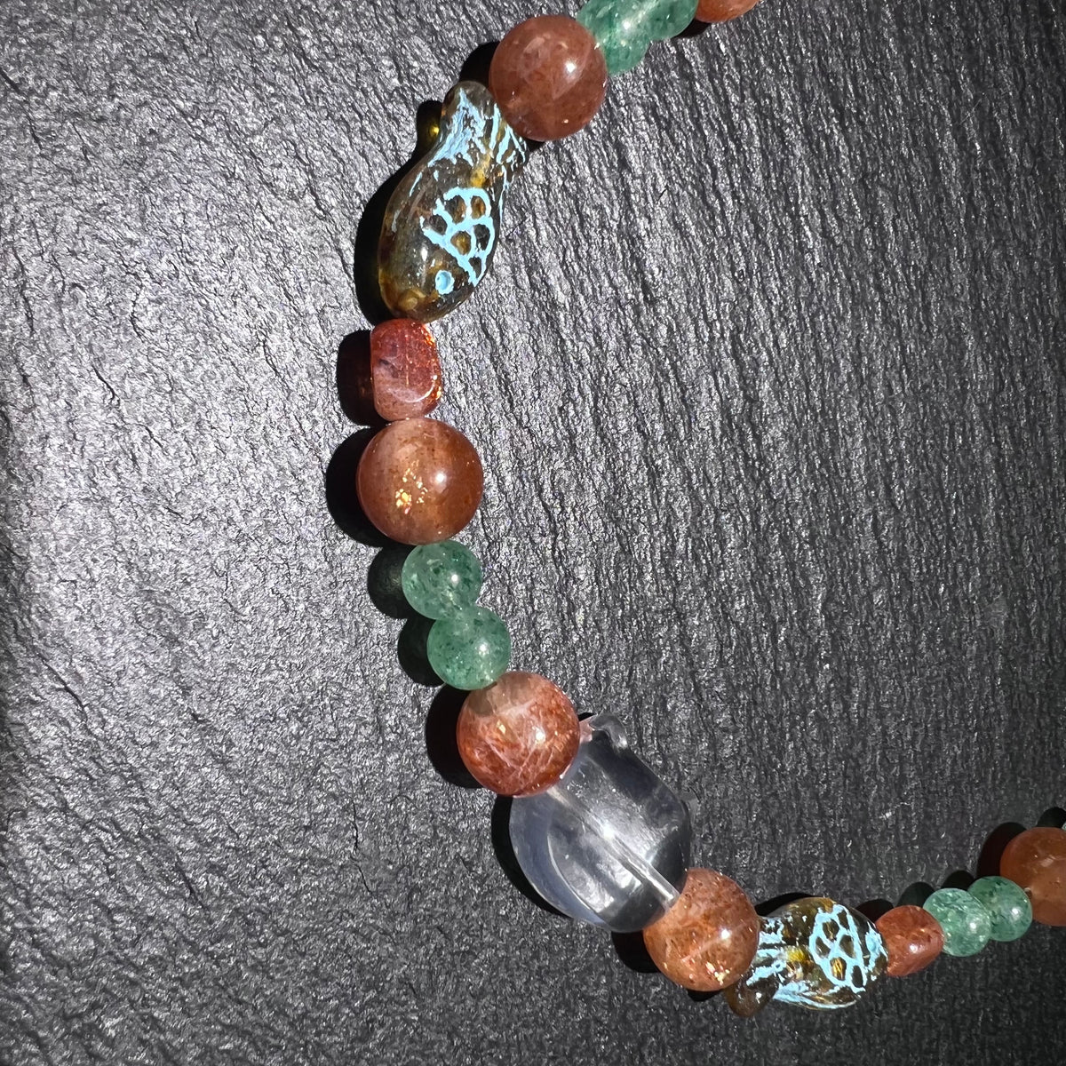 Green Strawberry Quartz & Amber Cat Collar – worn and styled
