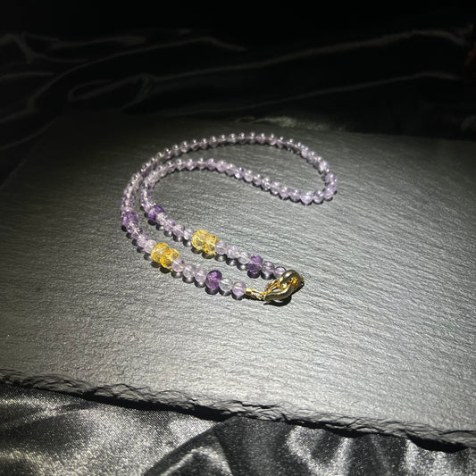 Amethyst & Citrine Barrel Bead Necklace – Purple & Gold, Faceted Shine, 18K Gold-Plated Clasp