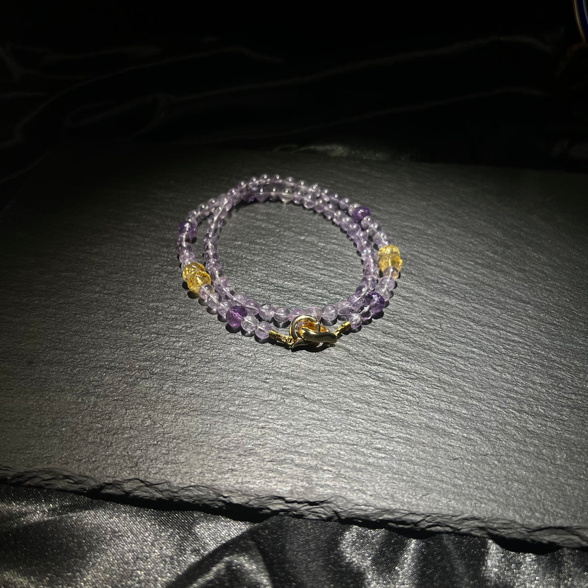 Amethyst & Citrine Barrel Bead Necklace – Purple & Gold, Faceted Shine, 18K Gold-Plated Clasp